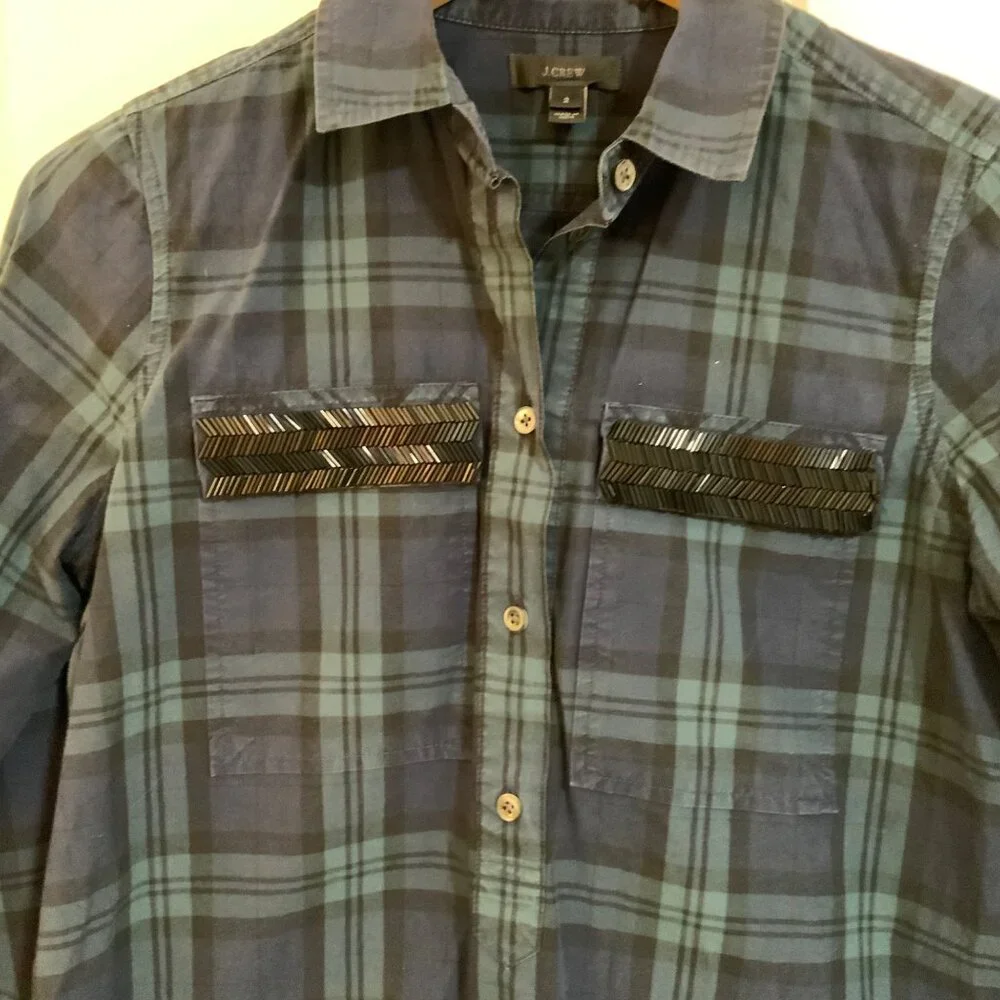 J. Crew Blue Green Tartan Plaid Beaded Pockets Popover Top Size 2